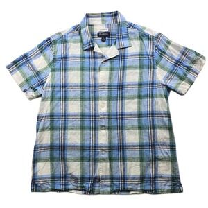 JoS A Bank Linen Shirt Mens Large Blue Green Plaid Traditional Fit Short‎ Sleeve